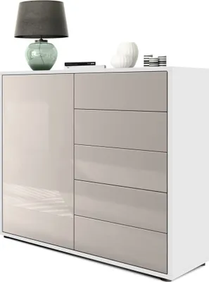 Produktbild von Vladon Sideboard Ben V2,  Germany, Kommode mit 1 Tür und 5 Schubladen, Weiß matt/Sandgrau Hochglanz (79 x 74 x 36 cm)