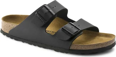A black Birkenstock Arizona sandal is shown against a white background.