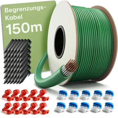 Produktbild von Praknu Begrenzungskabel Mähroboter Set (150m)- Universal Rasenmäher Kabel für alle Marken - Inkl. 150 m Draht, Erdnägel & Gel-Steckverbinder -