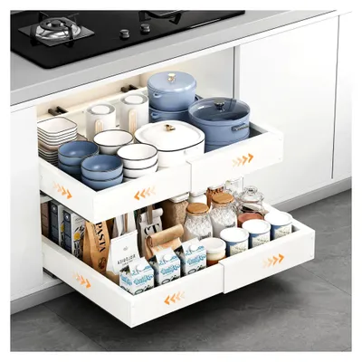 Produktbild von Teleskopschublade 50 cm tief, 2 Stück, ausziehbare Schublade für die Küche, verstellbar von 41,5-55 cm - keine Bohrung, ausziehbarer Schrankorganizer mit Klebe- oder Schraubmontage für Unterschränke, weiß