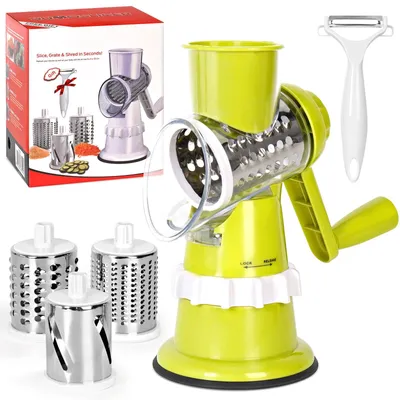 Produktbild von Käsereibe mit Kurbel, Gemüseschneider mit 3 Trommelblättern, Edelstahl, Gurkenhobel, Kartoffelreibe, Gemüsereibe für Salat, Nüsse, Obst