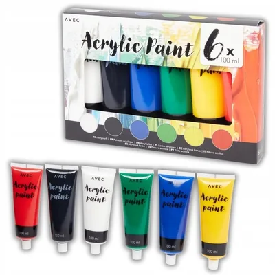 Zdjęcie produktu dla Zestaw farb akrylowych AVEC - 6 tubek 100 ml - Wysoko napigmentowane farby artystyczne do płótna, drewna i papieru - Idealne do malarstwa akrylowego, sztuki i hobby