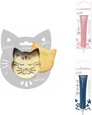 Produktbild von Relief-Kekspackung für Katzen + 2 pastellrosa und nachtblaue Schokoladenstifte