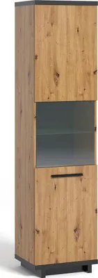 Produktbild von Vitrine Ines 50 cm in Holzoptik & Schwarz – 1-türig Teilverglast, Standvitrine 200 cm Hoch, Schmaler Wohnzimmerschrank, Loft