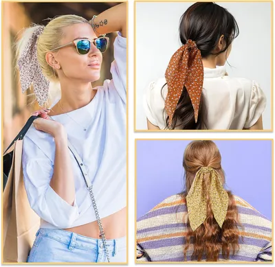 Produktbild von 4 Chiffon-Haargummis mit Schleife, Vintage-Blumen-Schal-Haargummis für Frauen und Mädchen, Satin-Seiden-Haarband mit Schleife für Pferdeschwänze