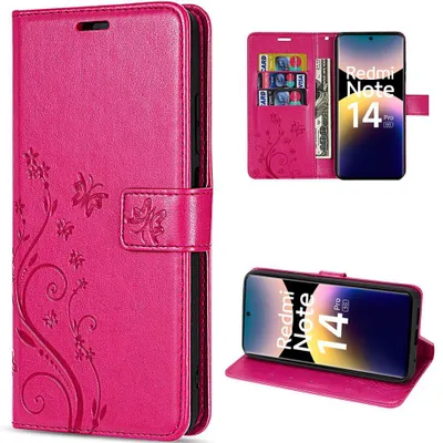 Image de Coque pour Xiaomi Redmi Note 14 Pro 5G, Flip Case Cuir Synthétique Antichoc Motif Papillon Fuchsia