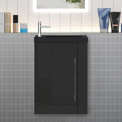 Produktbild von Badmöbel 45cm Schwarz Waschtisch mit Unterschrank Hochglanz Schwarz Hängeschrank Badschrank Kleine Badezimmerschränke