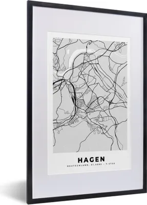 Produktbild von MuchoWow® Gerahmtes Poster Deutschland - Stadtplan - Hagen - Karte 40x60 cm - Poster mit Schwarzem Bilderrahmen Wandposter Rahmen Foto Bilder - Poster in Rahmen
