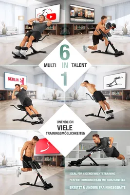 Collage of images showing a multi-functional fitness bench being used for various exercises in different home settings.
