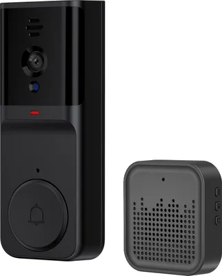 A black video doorbell and a black chime unit are displayed against a white background.