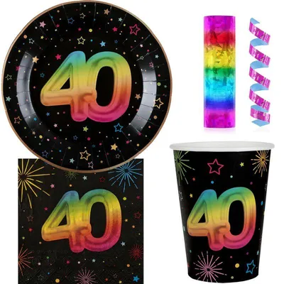 Produktbild von 40. Geburtstag Einweggeschirr bunt Partyset Party Geschirr Pappteller Pappbecher Servietten