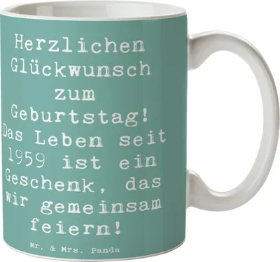 Produktbild von Mr. & Mrs. Panda Becher Spruch 1959 Geburtstag - Meeresbrise - Geschenk, Geschenkideen, Kaffeetasse, Tasse, haferl, besondere Anlässe, feiern, Wertschätzung, Glückwunsch