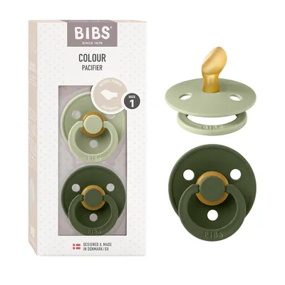 Produktbild von BIBS Colour Anatomical Schnuller 2er Pack, BPA-frei Dummy-Schnuller, Kiefergerechte Form. Naturkautschuk / Latex, Hergestellt in Dänemark. Größe 1 (0-6 Monate), Sage / Hunter Green