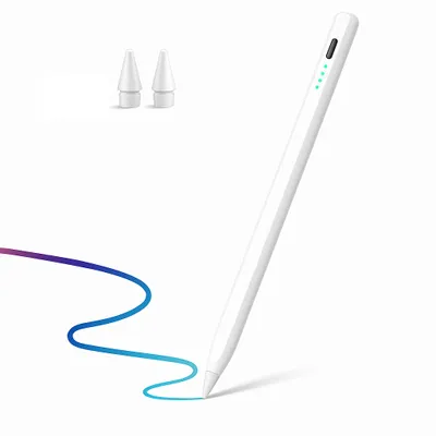 A white stylus pen is shown on a white background, with a colorful wavy line drawn on the surface.