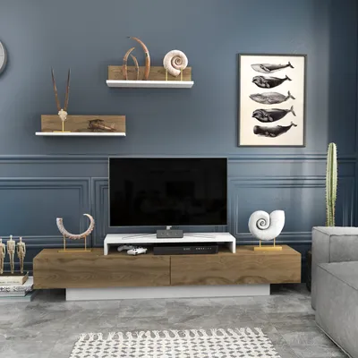 Zdjęcie produktu dla Skye Decor, nowoczesna szafka pod telewizor, 180 cm, w 100% pokryta melaminą płyta wiórowa o grubości 18 mm, w kolorze białym i dębu oud | 2 półki ścienne (60 cm) | Elegancki design do Twojego domu.