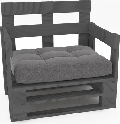 A gray pallet armchair with a gray cushion, shown from the front.