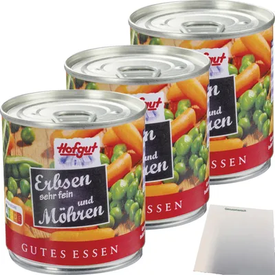 Produktbild von Hofgut Erbsen sehr fein mit Möhren 3er Pack (3x212ml Dose) + usy Block