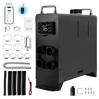 Obrázok produktu pre Eikuavons Bluetooth dieselový ohrievač 8 kW, 12V/24V, s 4 výstupmi, 5-litrovou nádržou, LCD displejom a diaľkovým ovládaním, prenosný ohrievač pre obytné prívesy a nákladné vozidlá, čierna farba