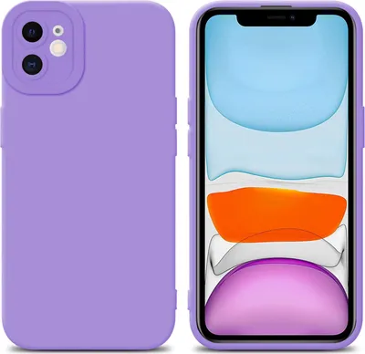 A product shot of a purple iPhone case shown from the back and front.