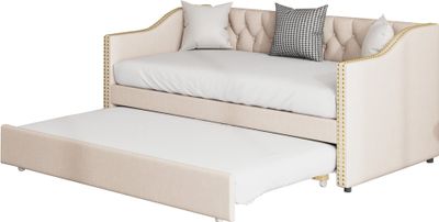 Fortuna Lai Čalouněná postel Cot 90x200, rozkládací pohovka béžová Odolná lněná tkanina Postel pro mládež Cot Guest Bed