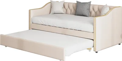 Immagine prodotto di Fortuna Lai Lettino imbottito 90x200, Divano letto Beige Tessuto di lino durevole Letto per giovani Lettino per ospiti