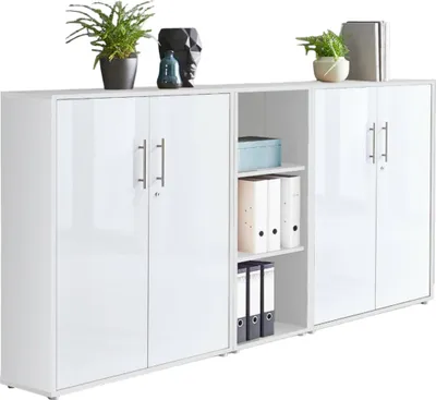 Produktbild von Aktenschrank TABOR 8 in weiß / weiß Hochglanz, Schrankwand, Büroschrank, abschließbar, Metallgriffe