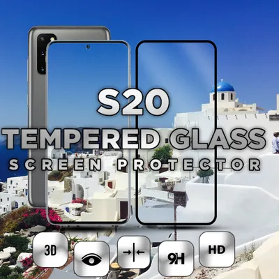 A Samsung Galaxy S20 phone with a screen protector, set against a backdrop of white buildings and a blue sky.