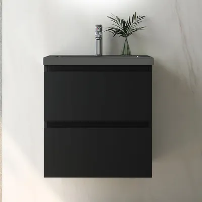 Produktbild von Waschtisch mit Unterschrank 50cm Alast Badmöbel Set Schwarz Waschbecken Dunklegrau mit Unterschrank Softclose