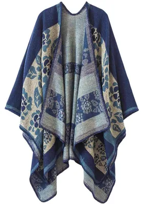 Zdjęcie produktu dla Poncho damskie, zimowe, ciepłe, eleganckie, wzór kwiatowy/granatowe