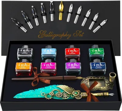 Produktbild von Luxus Kalligraphie Stift Set mit Quill Stift, Holz Dip Stift, 8 Tintenflaschen, 13 Edelstahl Federn, Stifthalter