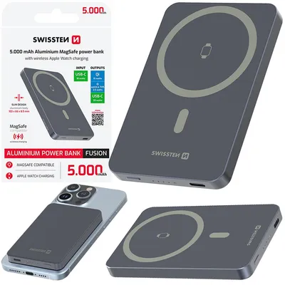 Zdjęcie produktu dla Swissten, Slim Qi2 MagSafe Powerbank 5000 mAh 15 W z USB-C PD 20 W, szary
