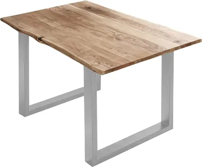 Produktbild von Esszimmertisch 100x70 cm Billy, echte Baumkante, Esstisch aus Akazienholz massiv + naturfarben, Baumkantentisch mit U-Gestell Silber