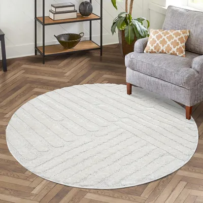Produktbild von Teppich Hochflor Wohnzimmer - 160 cm Rund - Weiß/ Creme - Hochtief-Muster/ 3D-Effekt Streifen