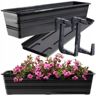Produktbild von KADAX Blumenkasten mit Untersatz und Balkonkastenhalterung "Cati", aus Kunststoff, Blumentopf für Balkon, 60 cm, Anthrazit