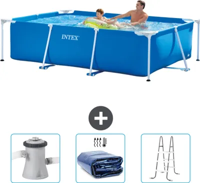 Obrázok produktu pre Bazén Intex s obdĺžnikovým rámom - 260 x 160 x 65 cm - modrý - súčasťou dodávky je filtračné čerpadlo pre bazén - slnečná plachta - rebrík