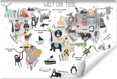 Produktbild von Muralo FOTOTAPETE für Kinder WELTKARTE Tiere Pflanzen Untertitel Kinderzimmer Kinderstube Wanddekoration Br. 104 cm x Hö. 70,5 cm