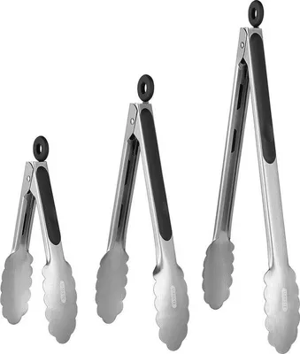 Image de Pince de cuisine en acier inoxydable, résistante à la chaleur, revêtue de silicone, 3 pièces, noire