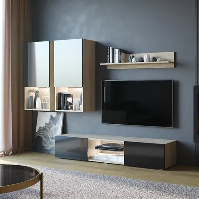 Produktbild von Wohnwand DECO eiche sonoma / schwarz hochglanz