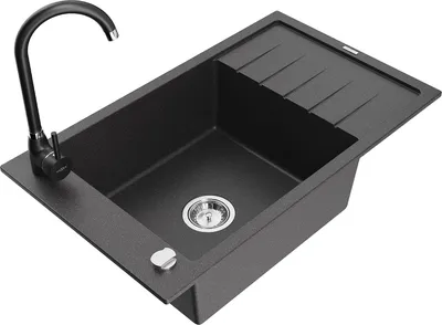 Produktbild von Mexen Elias 1 Becken-Granitspüle mit Abtropffläche und Mischbatterie Telma, Schwarz gesprenkelt - 6511-76-670200-70