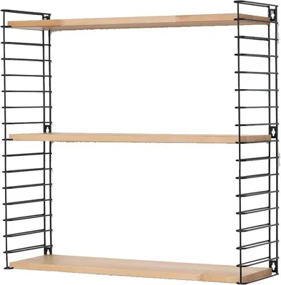 A three-tiered wall shelf with wooden shelves and black metal side grids, presented against a white background.