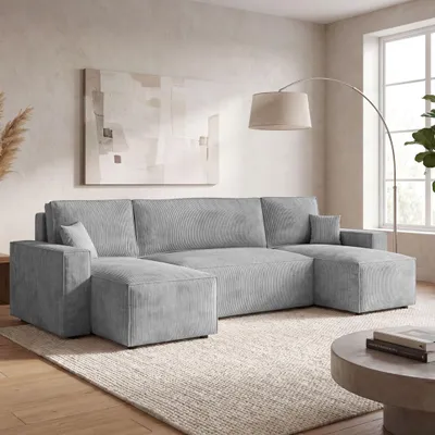 Produktbild von EZIMPAZ Wohnlandschaft U-Form CORDO Cord Hellgrau mit Schlaffunktion 140x310 cm