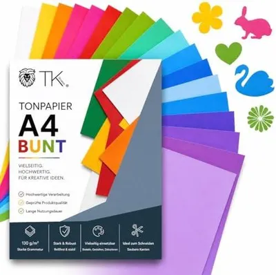 Produktbild von 50 Blatt Tonpapier 220 g/m² Buntpapier A4 - 10 Farben bunt mit Gold & Silber Farben - Kopierpapier, Bedruckbar; Papierstärke 220 g/m²