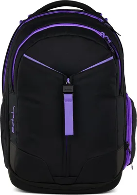 A black backpack with purple accents is shown against a white background.