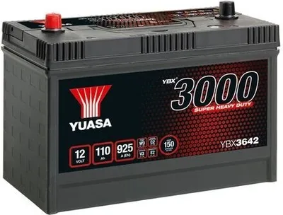 A black car battery with a red and white label.