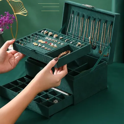 Produktbild von qiangzhipow Schmuckkästchen Damen, Schmuckkoffer Schmuckkasten 3 Schicht Schmuck Aufbewahrung Koffer mit 8 Halskette Kleiderbügel und herausnehmbaren Trennwand, Abschließbarer Schmuckschatulle für Ohrringe Armbänder Ringe Uhren