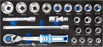 Produktbild von Högert Technik Steckschlüsselsatz mit Ratche, 23 Stück, EVA-Einsätz, HT7G128