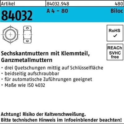 Produktbild von Reyher  Biloc-Muttern 84032 A 4-80 M 12 (500 Stück)