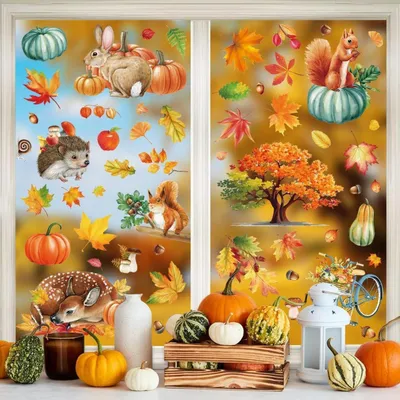 Obrázok produktu pre 9 samolepiek jesenná dekorácia okno vďakyvzdanie samolepiace 20x30cm