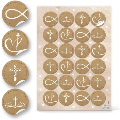 Produktbild von Logbuch-Verlag 24 Aufkleber mit christlichen Symbolen - Fisch Kreuz Herz - Symbolaufkleber in Kraftpapier-Optik24 Aufkleber / 1 Bogen