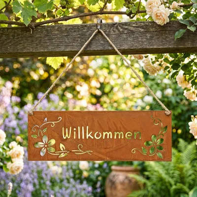Produktbild von Schild Willkommen 25x9cm Metall Türschild Braun Rost Hängedeko Gartenschild Kordel Hängeschild Gartendekoration